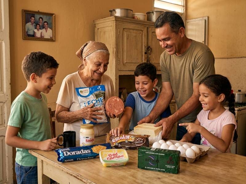 Familia cubana recibiendo alimentos